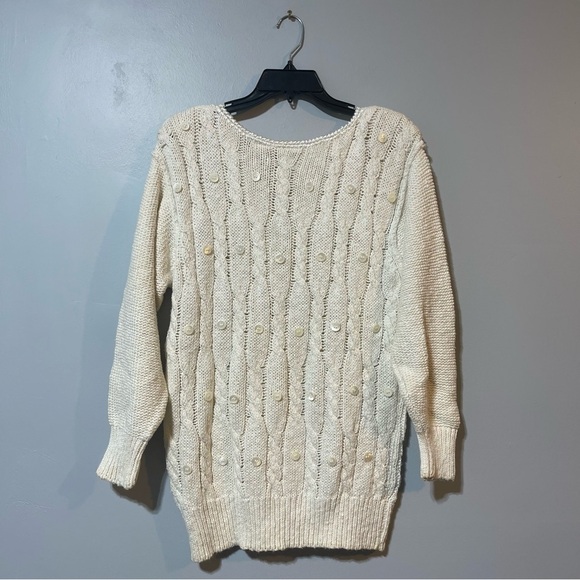 Liz Claiborne Collection Women’s Sweater Ivory Cable Knit Buttons Vintage Preppy - Picture 2 of 10